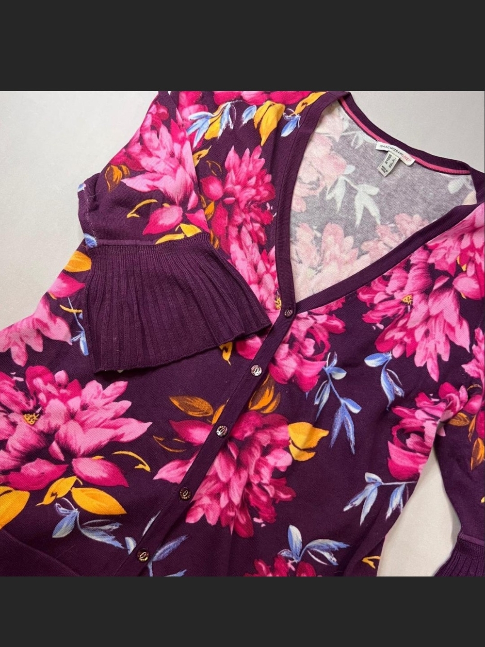 Isaac Mizrahi Floral V-Neck Cardigan - Purple, Pink, Yellow